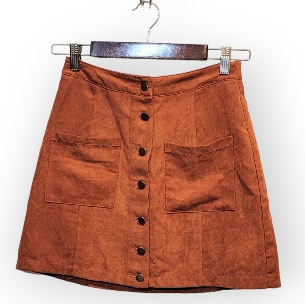 Shein Camel Brown / Orange Faux suede Mini Skirt Button Front Size Small